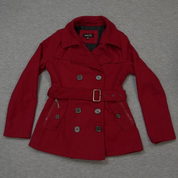 Rue 21 Womens Red Pea Coat Double Breasted Long Sleeve Belted Zip Pockets Size M - Picture 3 of 16